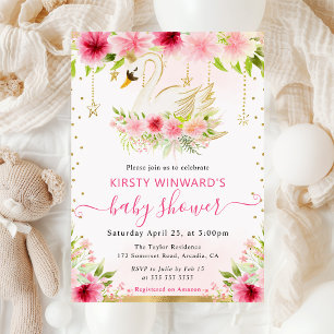 Invitation Fleurs roses d'été à l'aquarelle Bain de bébé cygn