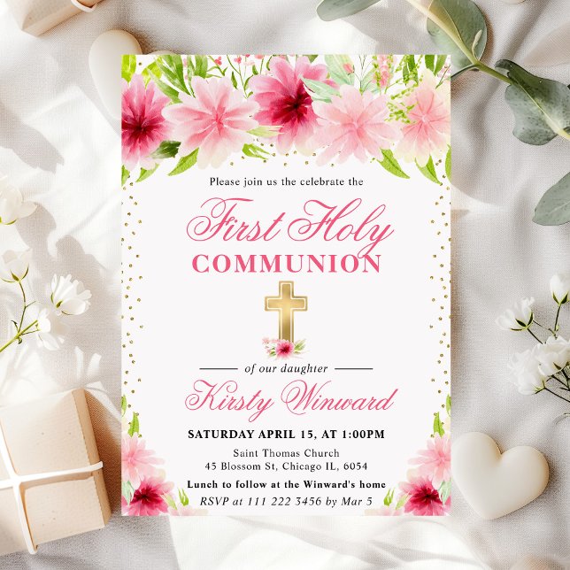 Invitation Fleurs roses d'été Première communion solennelle (Créateur téléchargé)