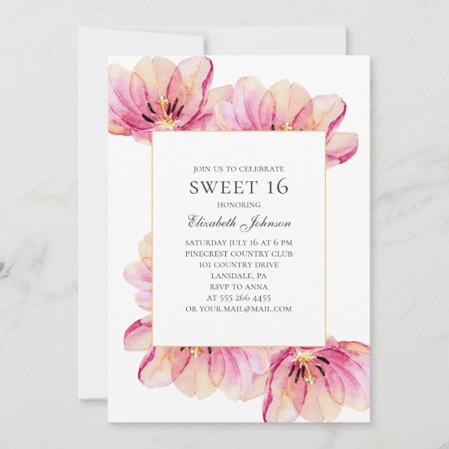 Invitation Fleurs roses Douces 16. 16e anniversaire de fleurs (Devant)