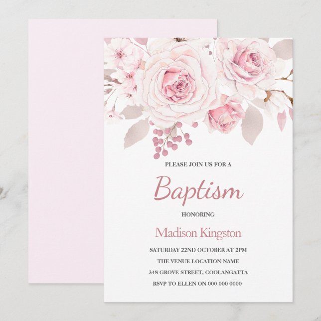 Invitation Fleurs roses Douces Belles Filles Baptême (Devant / Derrière)