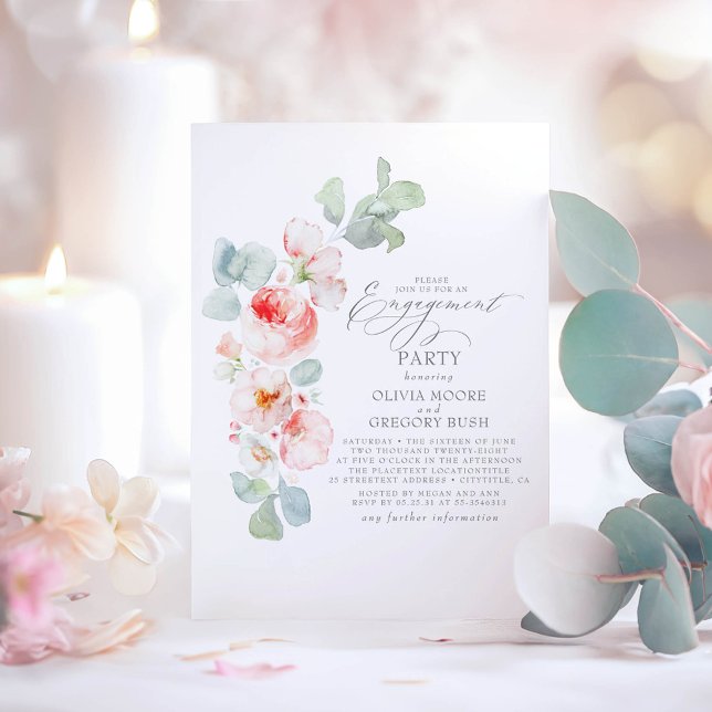 Invitation Fleurs roses douces Élégante Partie d'engagement (Pink Floral Engagement Party Invitation)