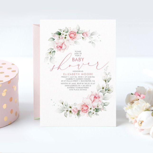Invitation Fleurs roses douces et Baby shower vert (Créateur téléchargé)