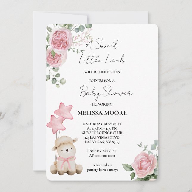 Invitation Fleurs roses doux de petit agneau (Devant)