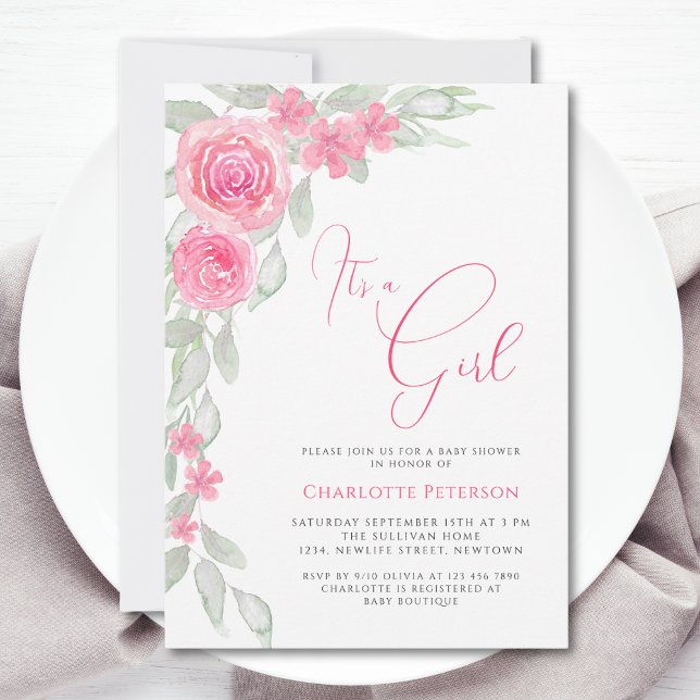 Invitation Fleurs roses Elégant Boho C'est un Baby shower de  (Créateur téléchargé)