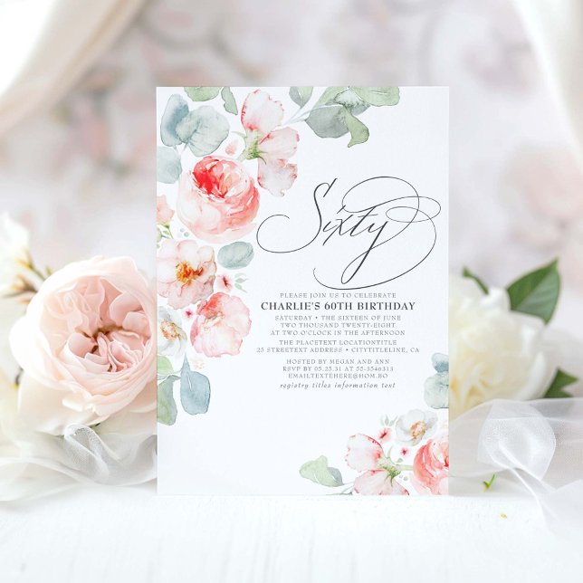 Invitation Fleurs roses Elégant Boho Soixante - 60e anniversa (60th birthday invitations with pink flowers and eucalyptus greenery)