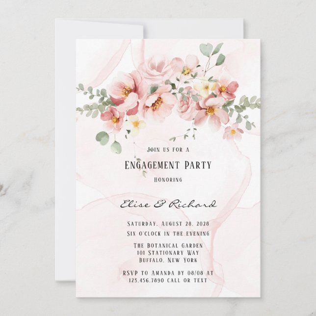 Invitation Fleurs roses Élégante Partie d'engagement Eucalypt (Devant)