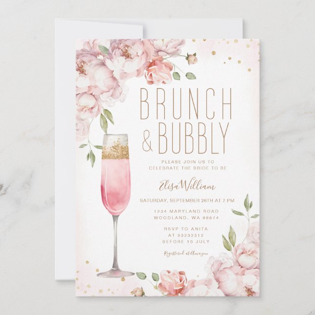 Invitation Fleurs roses élégantes Brunch & Fête des mariées B (Devant)
