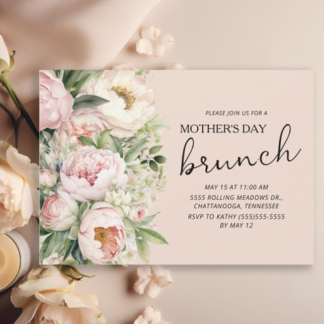Invitation Fleurs roses élégantes Brunch Fête des Mères (Pink peonies Mother's Day Brunch invitation)
