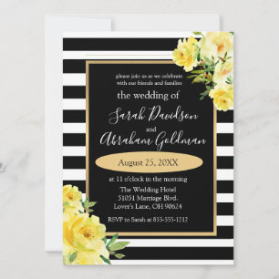 Invitation Fleurs Roses en noir et blanc Inv Mariage 