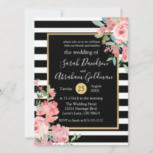 Invitation Fleurs Roses en noir et blanc Mariage