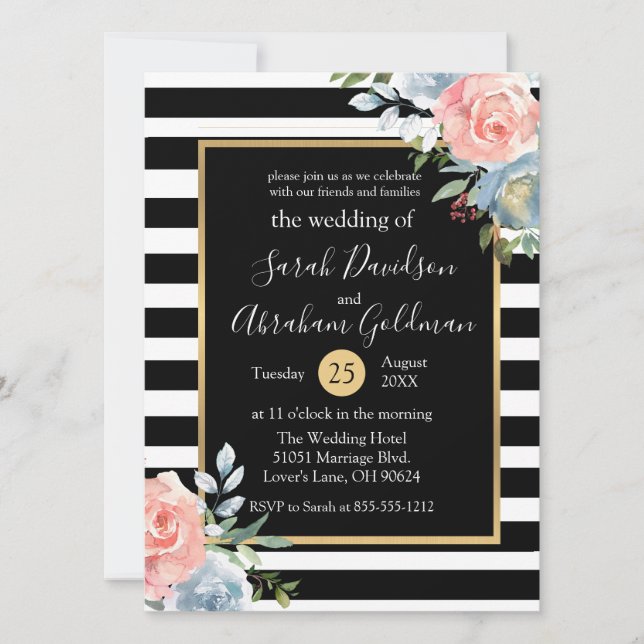 Invitation Fleurs Roses en noir et blanc Mariage (Devant)