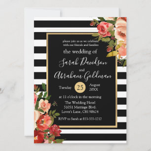 Invitation Fleurs Roses en noir et blanc Mariage