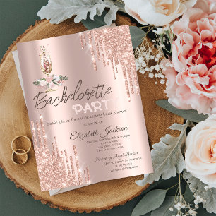Invitation Fleurs roses en or, Bachelorette en verre