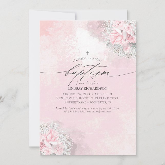 Invitation Fleurs roses et Baptême de petite fille (Devant)