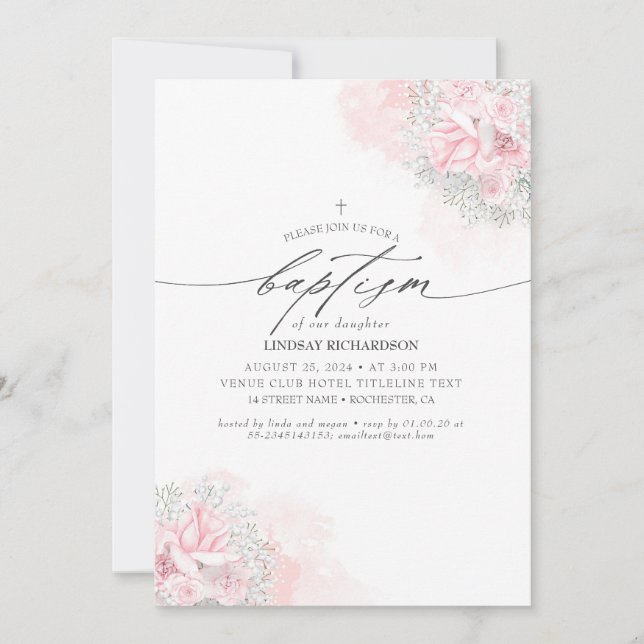 Invitation Fleurs roses et Baptême de petite fille (Devant)