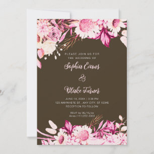 Invitation Fleurs roses et blanches Boho Bois Mariage Marron