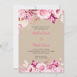 Invitation Fleurs roses et blanches Mariage bohème Vanille