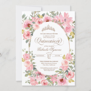 Invitation Fleurs roses et bleues Aquarelle Florale Quinceane