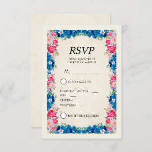 Invitation Fleurs roses et bleues Fancy Elegant RSVP