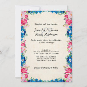 Invitation Fleurs roses et bleues sur Faux Parchment Mariage