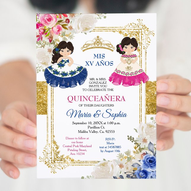 Invitation Fleurs roses et bleues Twin Quinceanera (Créateur téléchargé)