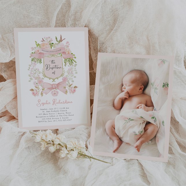 Invitation Fleurs roses et crête Fairytale | Photo Baptême (Créateur téléchargé)