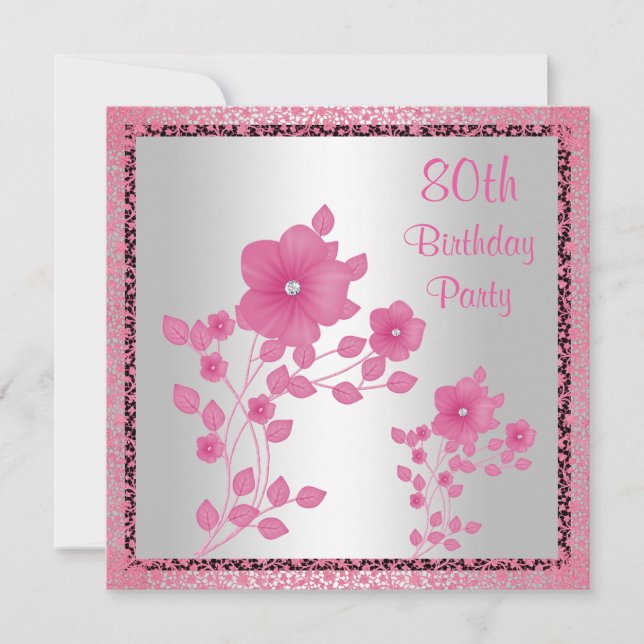 Invitation Fleurs roses et dentelle 80e fête d'anniversaire (Devant)