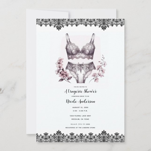 Invitation Fleurs roses et dentelle noire Lacey Lingerie Douc (Devant)