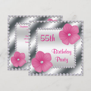Invitation Fleurs roses et diamants 55e anniversaire