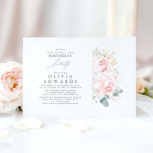 Invitation Fleurs roses et Feuilles d'or Élégant anniversaire
