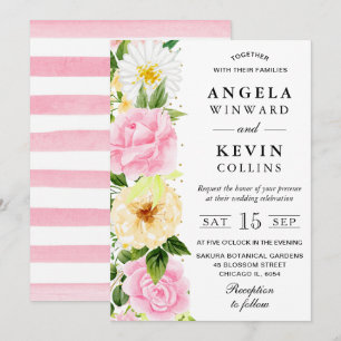 Invitation Fleurs roses et jaunes à l'aquarelle pour mariage