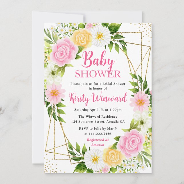 Invitation Fleurs roses et jaunes et Baby shower cadre or (Devant)