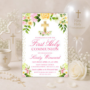 Invitation Fleurs roses et jaunes Première Sainte Communion