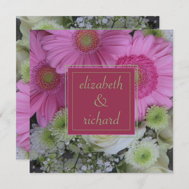 Invitation Fleurs roses et Mariage de Rose blanche (Devant / Derrière)