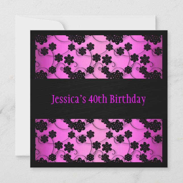 Invitation Fleurs roses et noires vives 40e anniversaire (Devant)