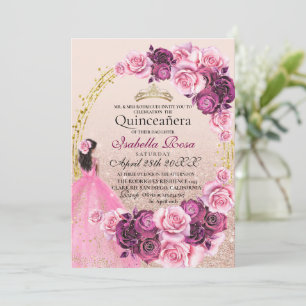 Invitation Fleurs roses et or Quinceanera XV Ans
