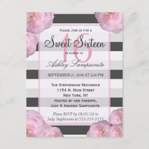 Invitation Fleurs roses et rayures noires, grises et blanches