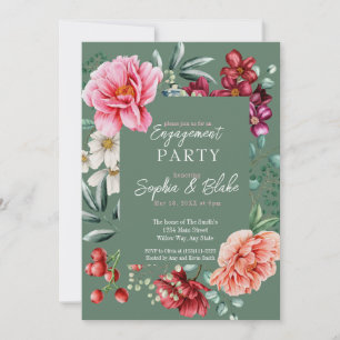 Invitation Fleurs roses et rouges Fête de fiançailles verte