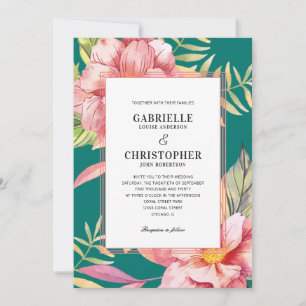 Invitation Fleurs roses et verdure Mariage sarcelle