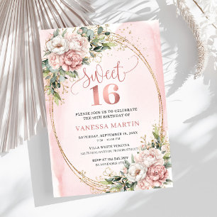 Invitation Fleurs roses et verdure pour une fête d'anniversai