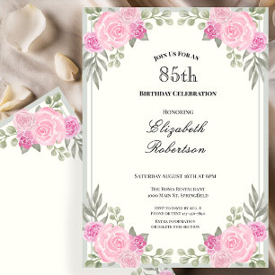 Invitation Fleurs roses et vert sauge pour 85e anniversaire