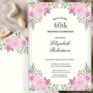 Invitation Fleurs roses et vert sauge pour les 60 ans