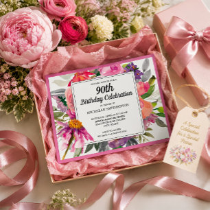 Invitation Fleurs roses et violettes pour les 90 ans d'une fe