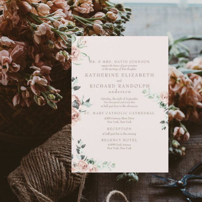Invitation Fleurs roses Eucalyptus 2 Venue Blush Mariage (Créateur téléchargé)