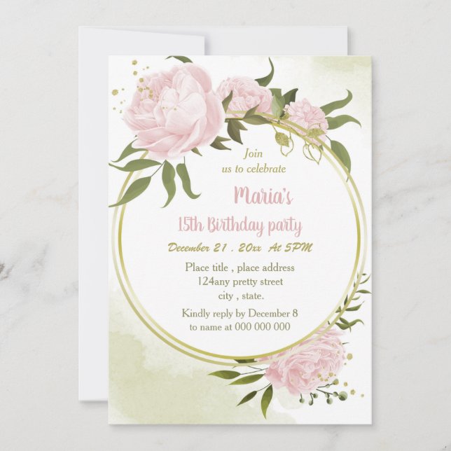 Invitation Fleurs roses extraordinaires or couronne fête d'an (Devant)