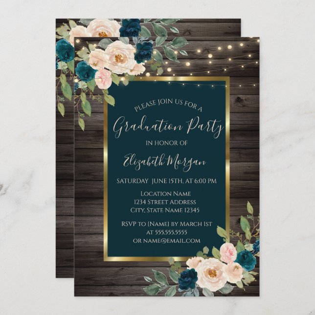 Invitation Fleurs roses, Fête de Graduation en Bois foncé (Devant / Derrière)