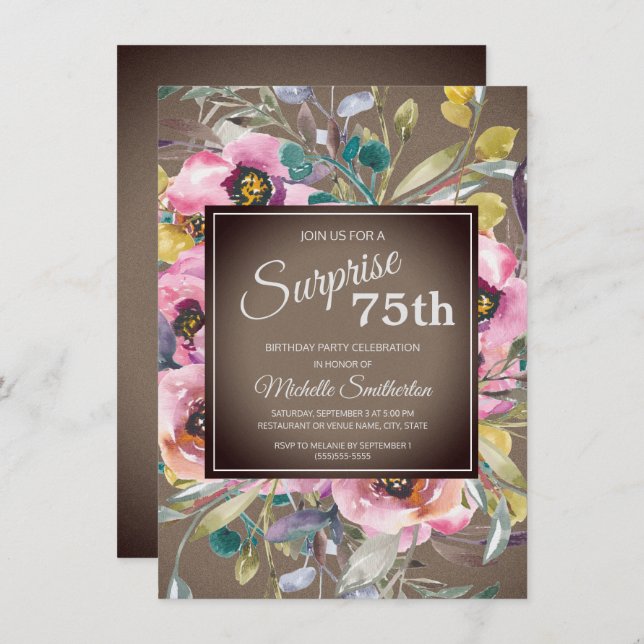 Invitation Fleurs roses Feuille Rustique Brown 75e anniversai (Devant / Derrière)