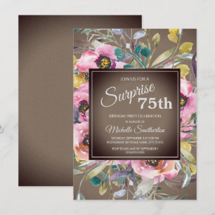 Invitation Fleurs roses feuilles rustiques marron 75e anniver