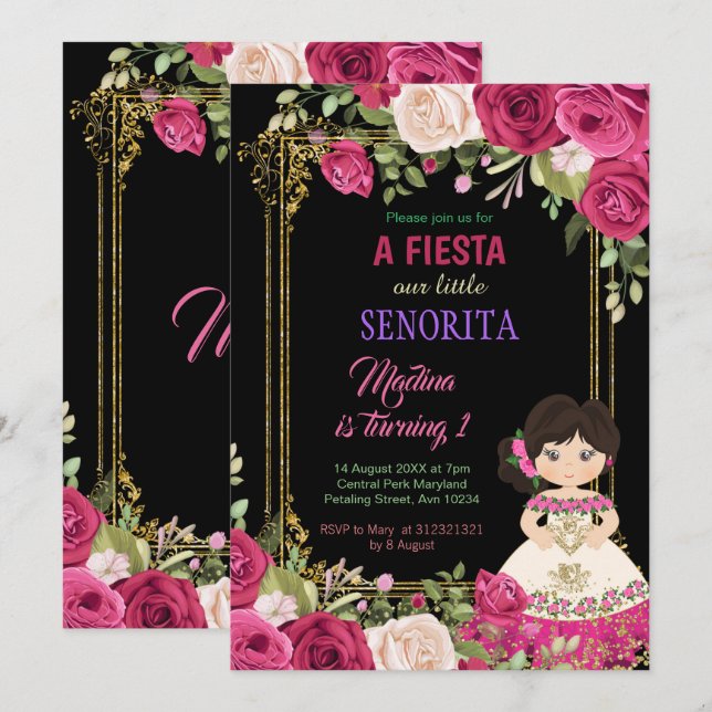 Invitation Fleurs roses Fiesta Floral 1er anniversaire (Devant / Derrière)