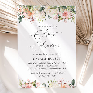 Invitation Fleurs roses, Fleurs blanches, Boho, Sweet 16